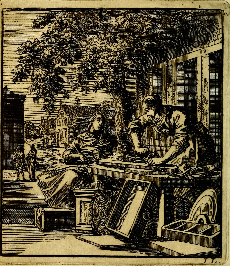 An illustration from Het leezaam huisraad, vertoond in vyftig konstige figuuren, met godlyke spruken en stichtelyke verzen, 1711, leaf 161