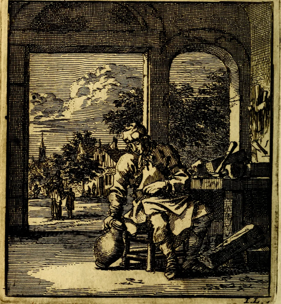 An illustration from Het leezaam huisraad, vertoond in vyftig konstige figuuren, met godlyke spruken en stichtelyke verzen, 1711, leaf 165