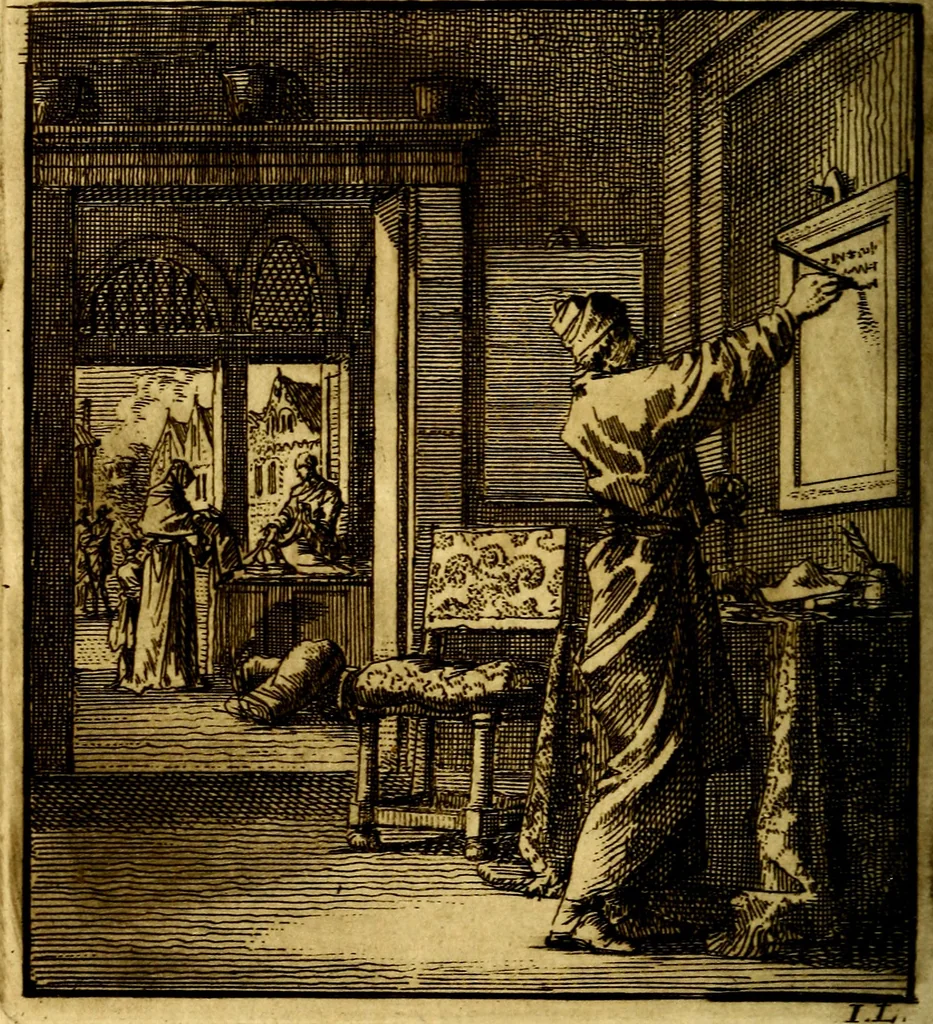 An illustration from Het leezaam huisraad, vertoond in vyftig konstige figuuren, met godlyke spruken en stichtelyke verzen, 1711, leaf 185