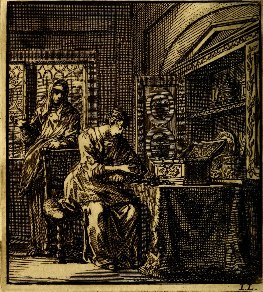 An illustration from Het leezaam huisraad, vertoond in vyftig konstige figuuren, met godlyke spruken en stichtelyke verzen, 1711, leaf 189