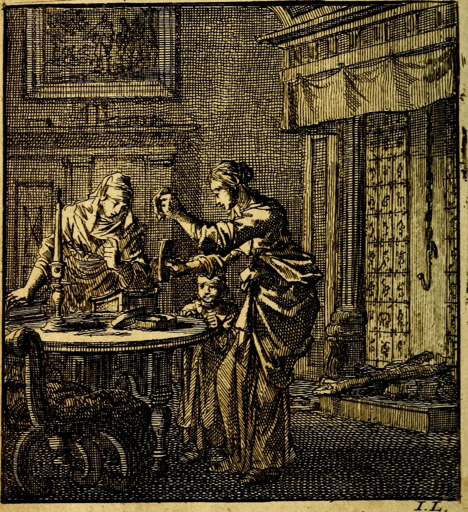 An illustration from Het leezaam huisraad, vertoond in vyftig konstige figuuren, met godlyke spruken en stichtelyke verzen, 1711, leaf 55
