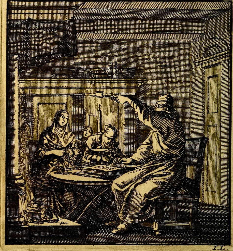 An illustration from Het leezaam huisraad, vertoond in vyftig konstige figuuren, met godlyke spruken en stichtelyke verzen, 1711, leaf 63