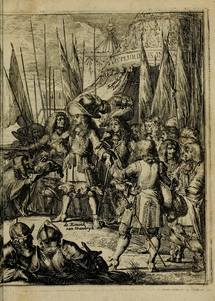 An illustration from Het ontroerde Nederlandt, door de wapenen des konings van Vrankryk : dat is een waarchtigh verhaal van den Fransen, Engelsen, Keulsen, en Munstersen oorlogh, tegen de Vereenigde Nederlanden, met desselfs binnelandtse beroerten ..., 1674, leaf 334