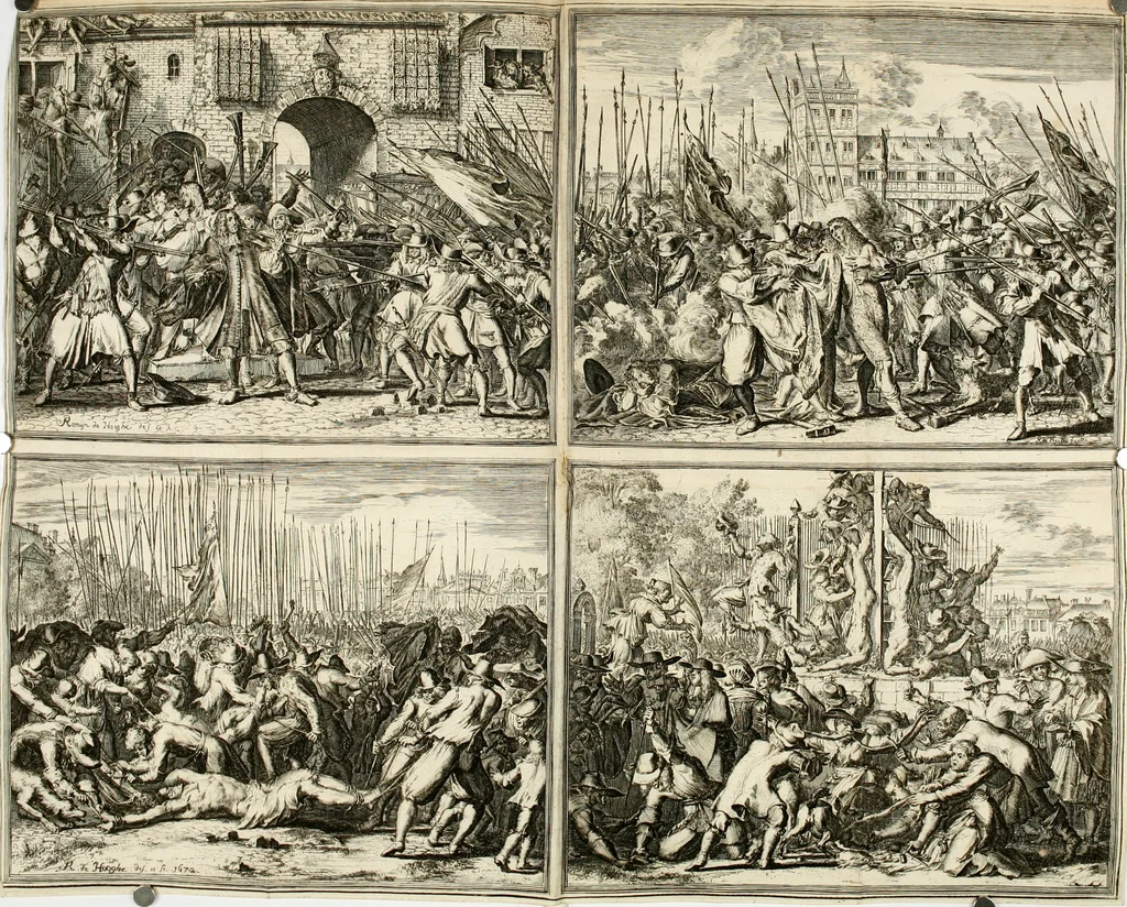 An illustration from Het ontroerde Nederlandt, door de wapenen des konings van Vrankryk : dat is een waarchtigh verhaal van den Fransen, Engelsen, Keulsen, en Munstersen oorlogh, tegen de Vereenigde Nederlanden, met desselfs binnelandtse beroerten ..., 1674, leaf 391