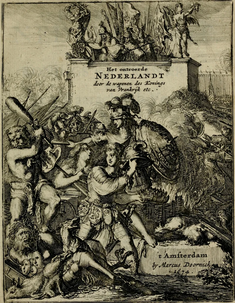 An illustration from Het ontroerde Nederlandt, door de wapenen des konings van Vrankryk : dat is een waarchtigh verhaal van den Fransen, Engelsen, Keulsen, en Munstersen oorlogh, tegen de Vereenigde Nederlanden, met desselfs binnelandtse beroerten ..., 1674, leaf 4