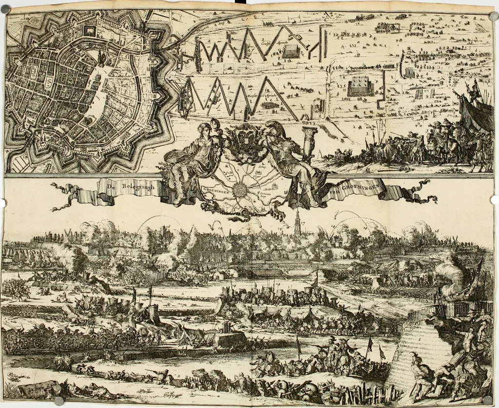 An illustration from Het ontroerde Nederlandt, door de wapenen des konings van Vrankryk : dat is een waarchtigh verhaal van den Fransen, Engelsen, Keulsen, en Munstersen oorlogh, tegen de Vereenigde Nederlanden, met desselfs binnelandtse beroerten ..., 1674, leaf 419