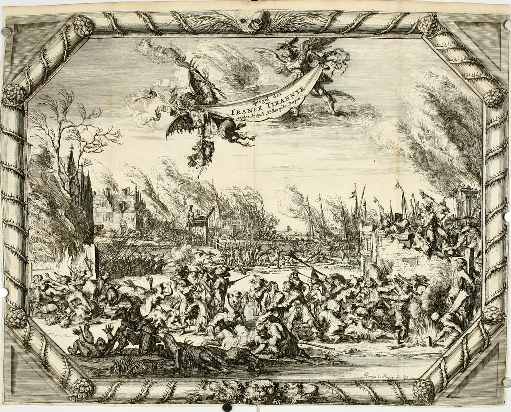 An illustration from Het ontroerde Nederlandt, door de wapenen des konings van Vrankryk : dat is een waarchtigh verhaal van den Fransen, Engelsen, Keulsen, en Munstersen oorlogh, tegen de Vereenigde Nederlanden, met desselfs binnelandtse beroerten ..., 1674, leaf 547