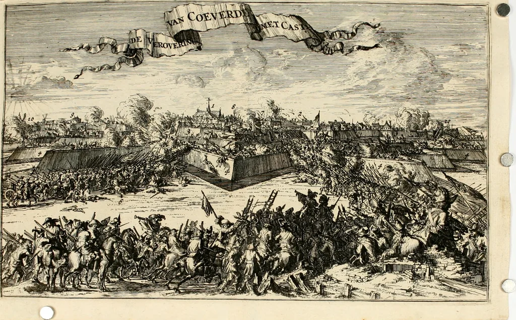 An illustration from Het ontroerde Nederlandt, door de wapenen des konings van Vrankryk : dat is een waarchtigh verhaal van den Fransen, Engelsen, Keulsen, en Munstersen oorlogh, tegen de Vereenigde Nederlanden, met desselfs binnelandtse beroerten ..., 1674, leaf 573