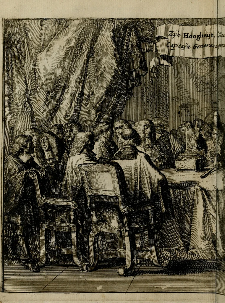 An illustration from Het ontroerde Nederlandt, door de wapenen des konings van Vrankryk : dat is een waarchtigh verhaal van den Fransen, Engelsen, Keulsen, en Munstersen oorlogh, tegen de Vereenigde Nederlanden, met desselfs binnelandtse beroerten ..., 1674, leaf 97