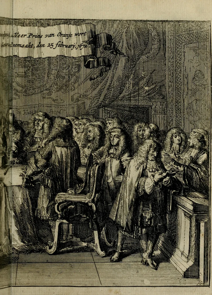 An illustration from Het ontroerde Nederlandt, door de wapenen des konings van Vrankryk : dat is een waarchtigh verhaal van den Fransen, Engelsen, Keulsen, en Munstersen oorlogh, tegen de Vereenigde Nederlanden, met desselfs binnelandtse beroerten ..., 1674, leaf 98