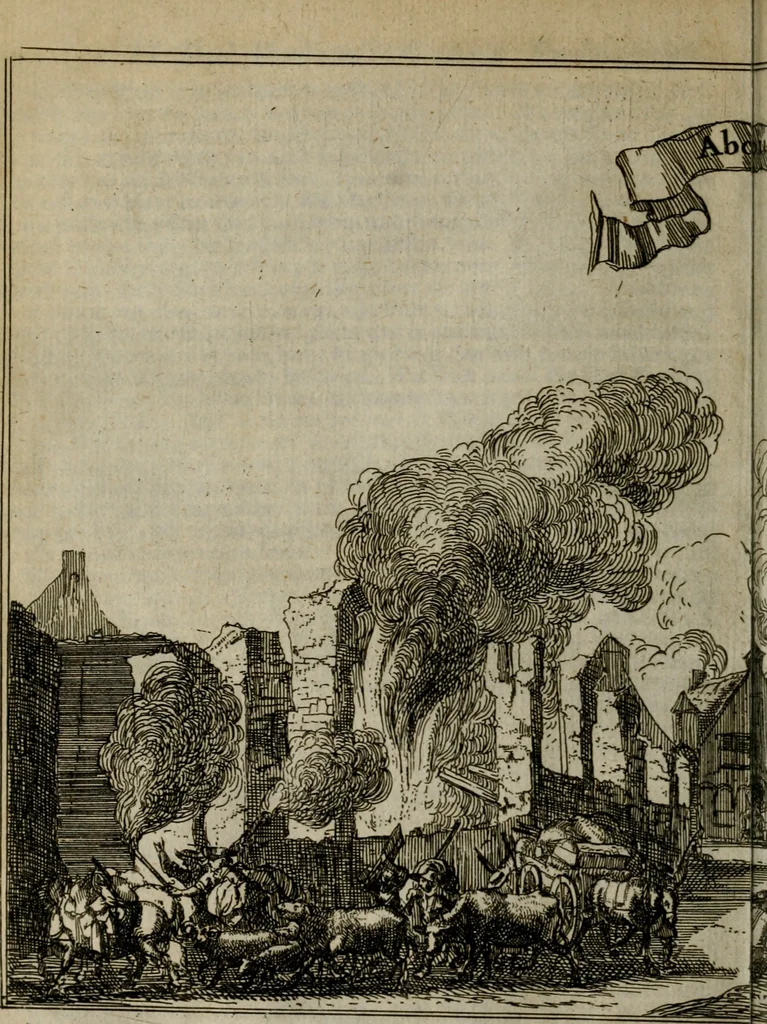 An illustration from Het ontroerde Nederlandt, door de wapenen des konings van Vrankryk : dat is een waarchtigh verhaal van den Fransen, Engelsen, Keulsen, en Munstersen oorlogh, tegen de Vereenigde Nederlanden, met desselfs binnelandtse beroerten ..., 1674, leaf 395