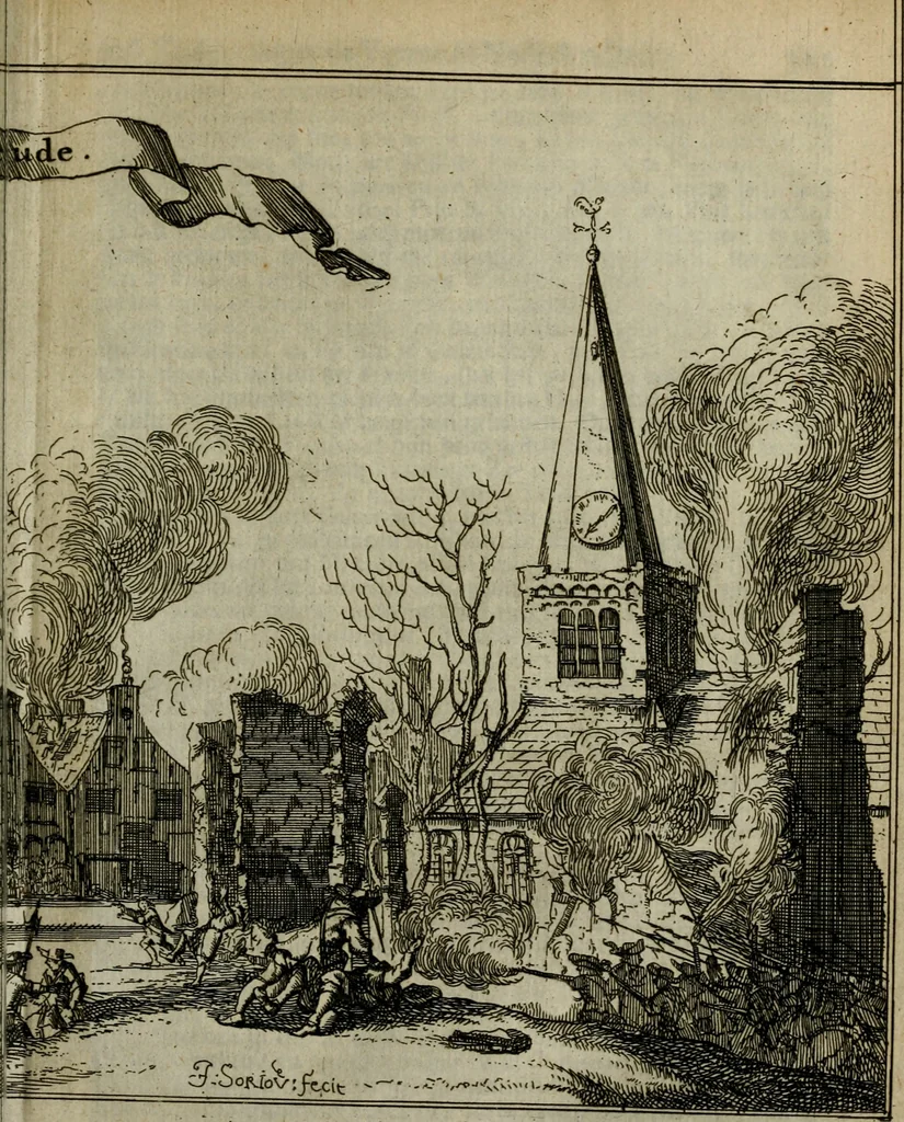 An illustration from Het ontroerde Nederlandt, door de wapenen des konings van Vrankryk : dat is een waarchtigh verhaal van den Fransen, Engelsen, Keulsen, en Munstersen oorlogh, tegen de Vereenigde Nederlanden, met desselfs binnelandtse beroerten ..., 1674, leaf 396