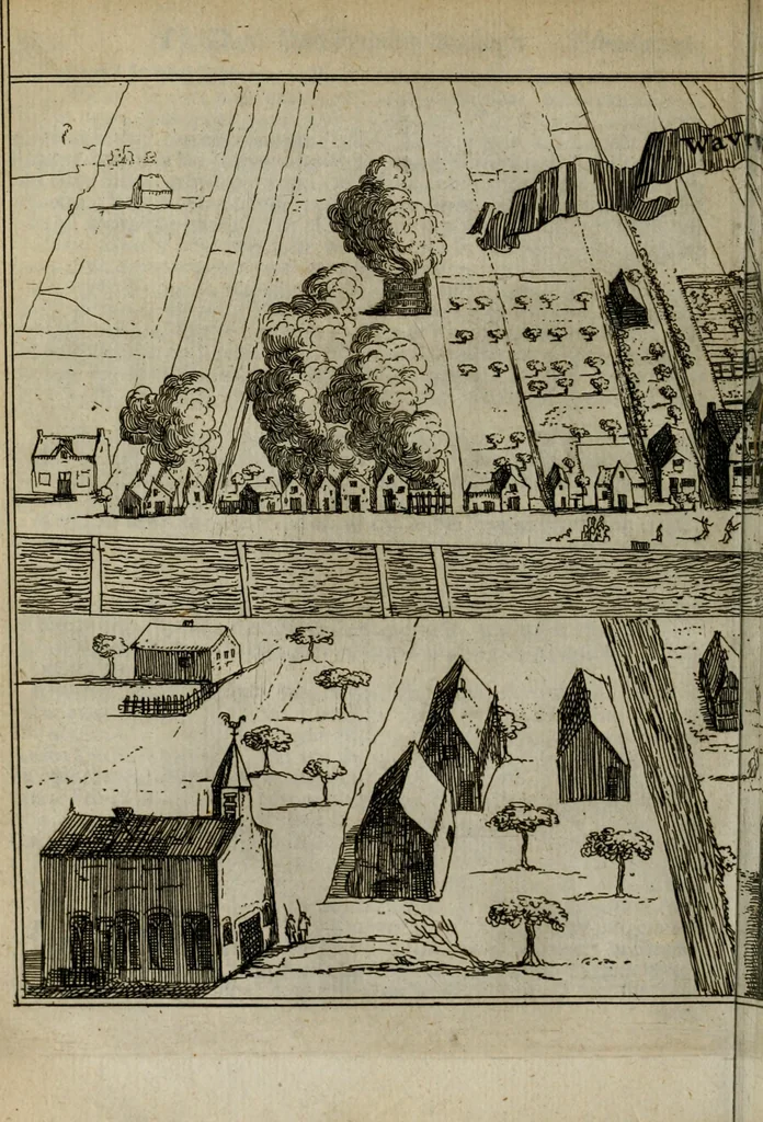 An illustration from Het ontroerde Nederlandt, door de wapenen des konings van Vrankryk : dat is een waarchtigh verhaal van den Fransen, Engelsen, Keulsen, en Munstersen oorlogh, tegen de Vereenigde Nederlanden, met desselfs binnelandtse beroerten ..., 1674, leaf 403