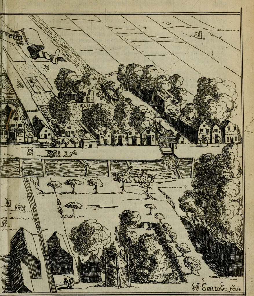 An illustration from Het ontroerde Nederlandt, door de wapenen des konings van Vrankryk : dat is een waarchtigh verhaal van den Fransen, Engelsen, Keulsen, en Munstersen oorlogh, tegen de Vereenigde Nederlanden, met desselfs binnelandtse beroerten ..., 1674, leaf 404