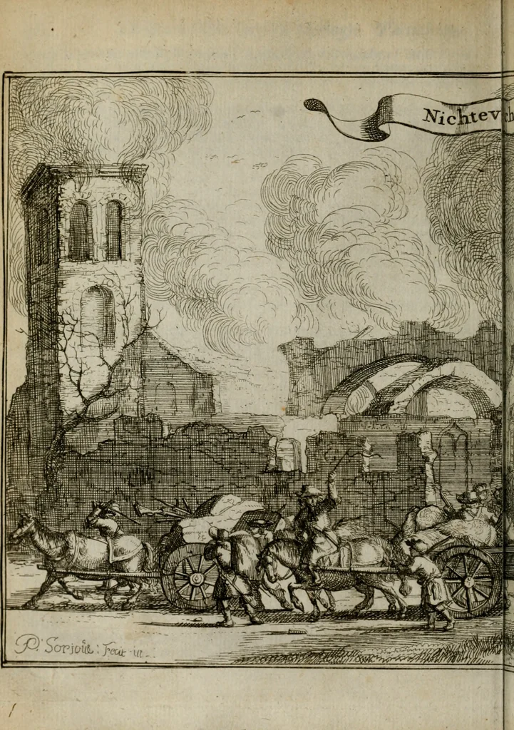 An illustration from Het ontroerde Nederlandt, door de wapenen des konings van Vrankryk : dat is een waarchtigh verhaal van den Fransen, Engelsen, Keulsen, en Munstersen oorlogh, tegen de Vereenigde Nederlanden, met desselfs binnelandtse beroerten ..., 1674, leaf 409