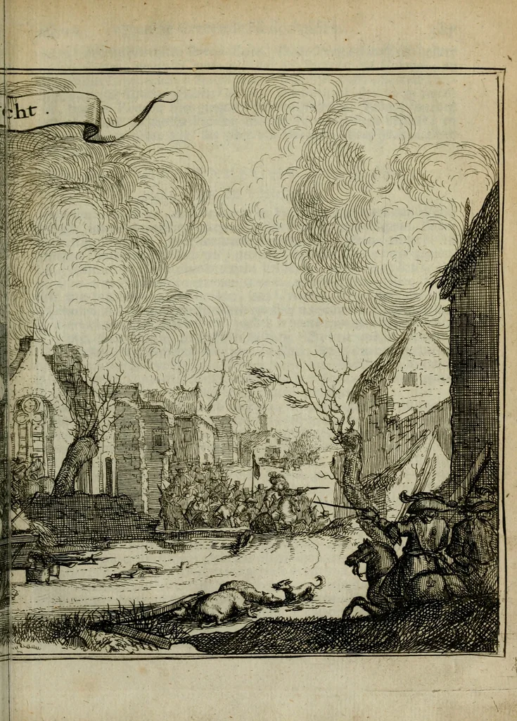 An illustration from Het ontroerde Nederlandt, door de wapenen des konings van Vrankryk : dat is een waarchtigh verhaal van den Fransen, Engelsen, Keulsen, en Munstersen oorlogh, tegen de Vereenigde Nederlanden, met desselfs binnelandtse beroerten ..., 1674, leaf 410