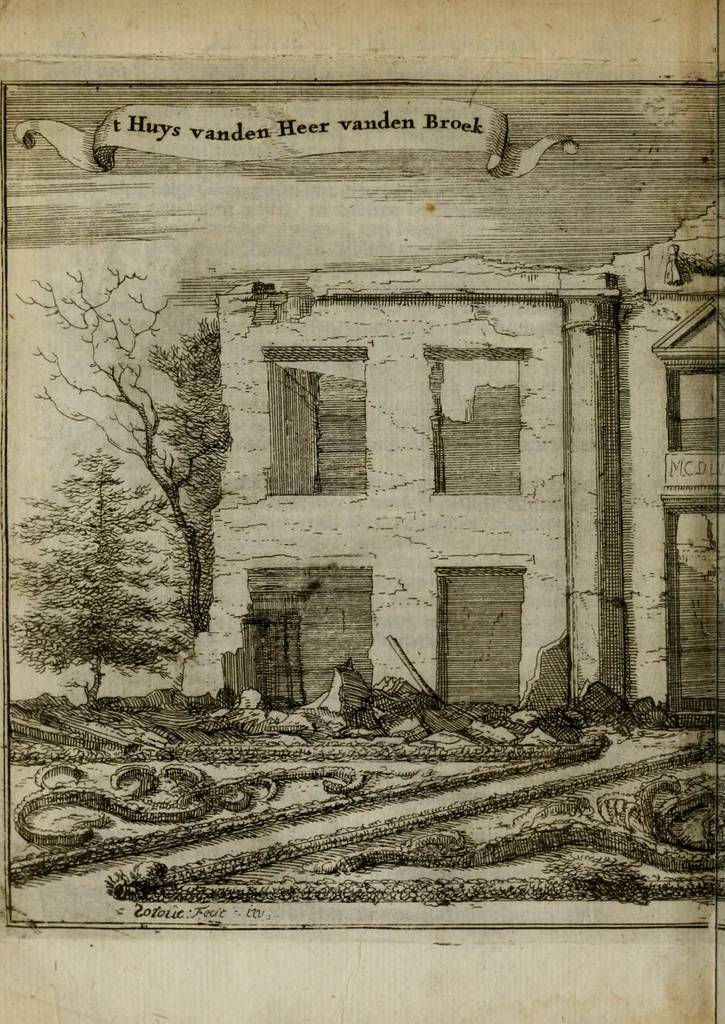 An illustration from Het ontroerde Nederlandt, door de wapenen des konings van Vrankryk : dat is een waarchtigh verhaal van den Fransen, Engelsen, Keulsen, en Munstersen oorlogh, tegen de Vereenigde Nederlanden, met desselfs binnelandtse beroerten ..., 1674, leaf 415