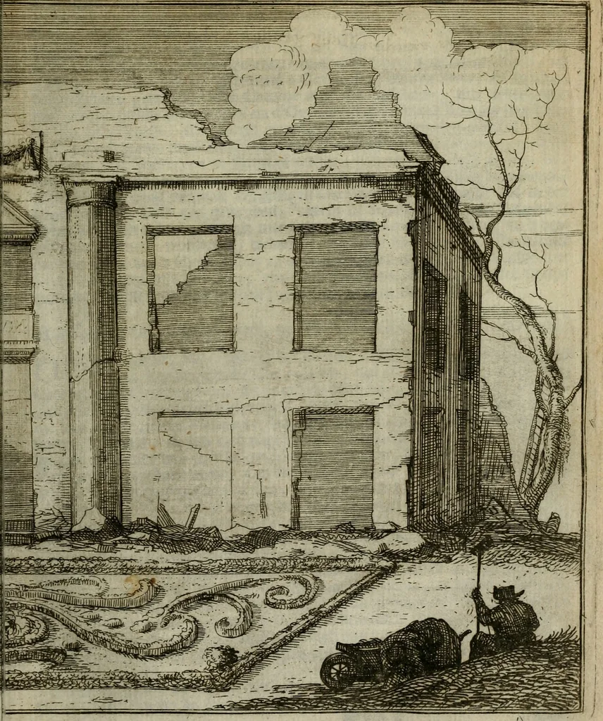An illustration from Het ontroerde Nederlandt, door de wapenen des konings van Vrankryk : dat is een waarchtigh verhaal van den Fransen, Engelsen, Keulsen, en Munstersen oorlogh, tegen de Vereenigde Nederlanden, met desselfs binnelandtse beroerten ..., 1674, leaf 416