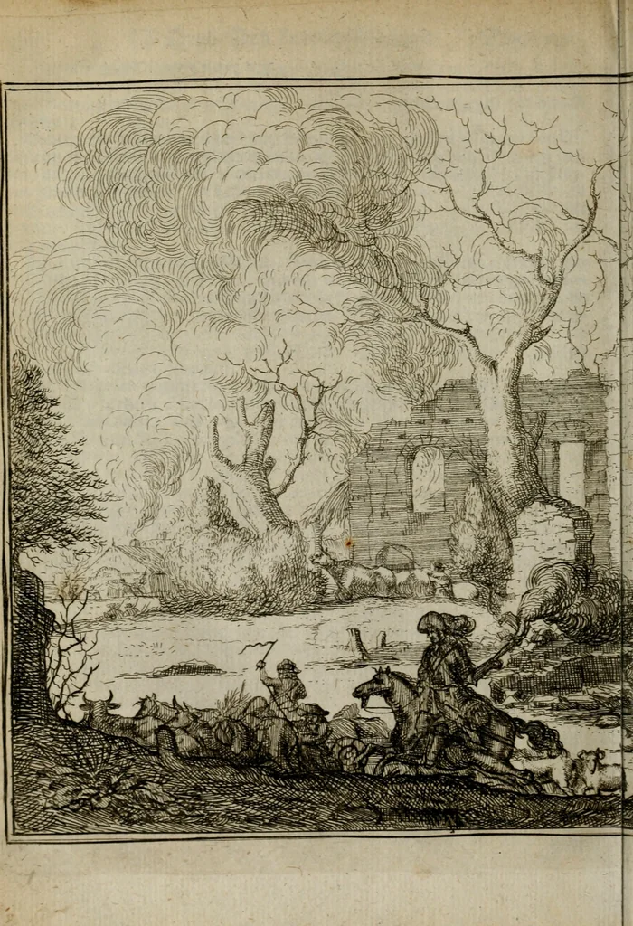 An illustration from Het ontroerde Nederlandt, door de wapenen des konings van Vrankryk : dat is een waarchtigh verhaal van den Fransen, Engelsen, Keulsen, en Munstersen oorlogh, tegen de Vereenigde Nederlanden, met desselfs binnelandtse beroerten ..., 1674, leaf 423