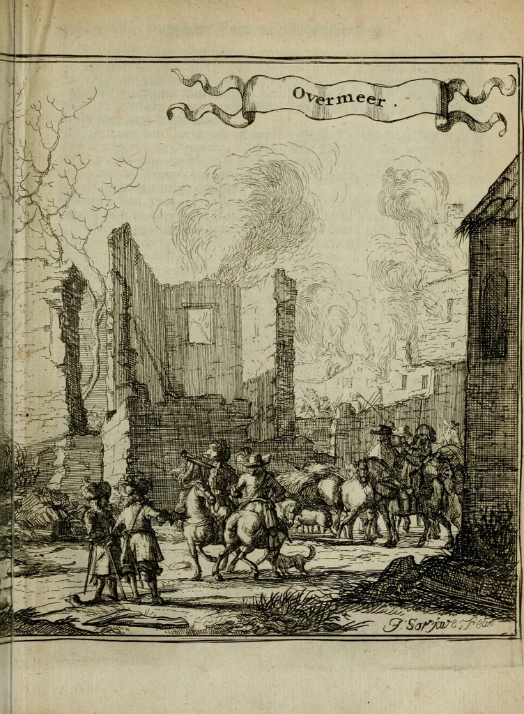An illustration from Het ontroerde Nederlandt, door de wapenen des konings van Vrankryk : dat is een waarchtigh verhaal van den Fransen, Engelsen, Keulsen, en Munstersen oorlogh, tegen de Vereenigde Nederlanden, met desselfs binnelandtse beroerten ..., 1674, leaf 424