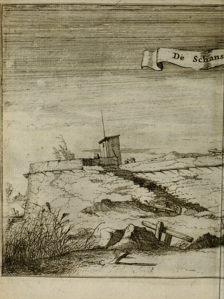 An illustration from Het ontroerde Nederlandt, door de wapenen des konings van Vrankryk : dat is een waarchtigh verhaal van den Fransen, Engelsen, Keulsen, en Munstersen oorlogh, tegen de Vereenigde Nederlanden, met desselfs binnelandtse beroerten ..., 1674, leaf 451