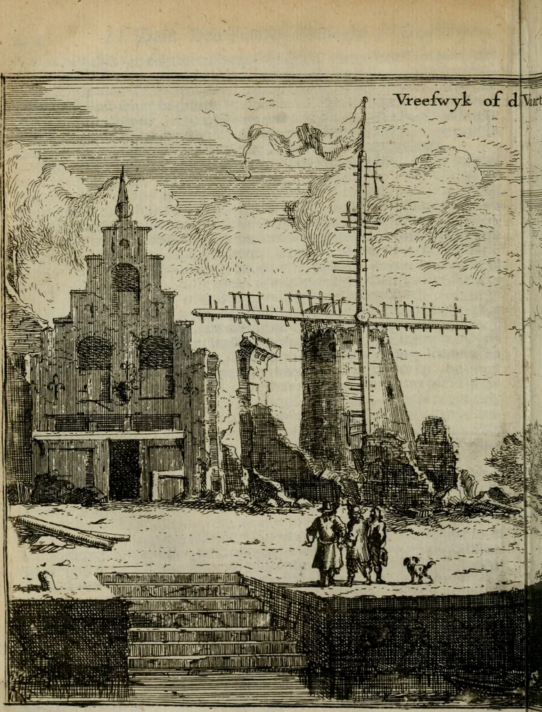 An illustration from Het ontroerde Nederlandt, door de wapenen des konings van Vrankryk : dat is een waarchtigh verhaal van den Fransen, Engelsen, Keulsen, en Munstersen oorlogh, tegen de Vereenigde Nederlanden, met desselfs binnelandtse beroerten ..., 1674, leaf 459