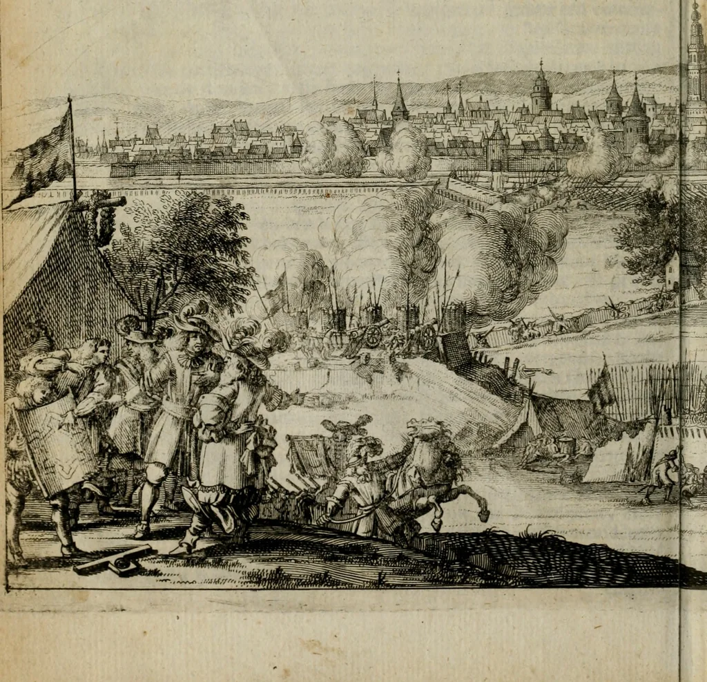 An illustration from Het ontroerde Nederlandt, door de wapenen des konings van Vrankryk : dat is een waarchtigh verhaal van den Fransen, Engelsen, Keulsen, en Munstersen oorlogh, tegen de Vereenigde Nederlanden, met desselfs binnelandtse beroerten ..., 1674, leaf 543