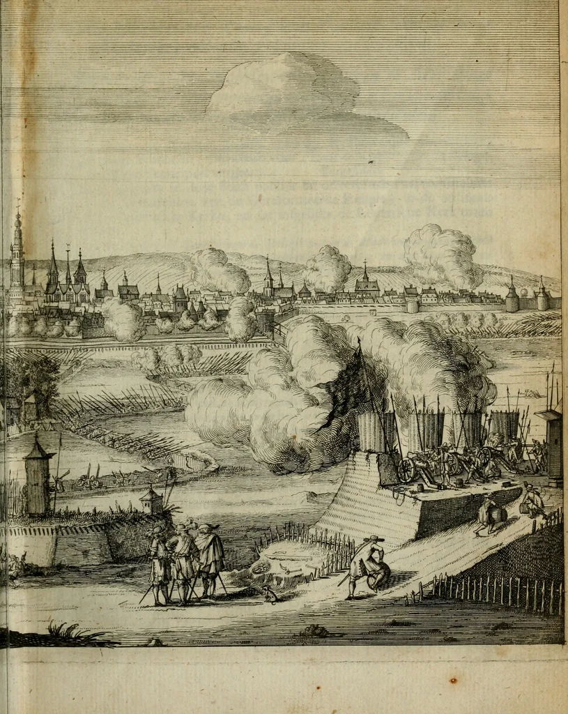 An illustration from Het ontroerde Nederlandt, door de wapenen des konings van Vrankryk : dat is een waarchtigh verhaal van den Fransen, Engelsen, Keulsen, en Munstersen oorlogh, tegen de Vereenigde Nederlanden, met desselfs binnelandtse beroerten ..., 1674, leaf 544