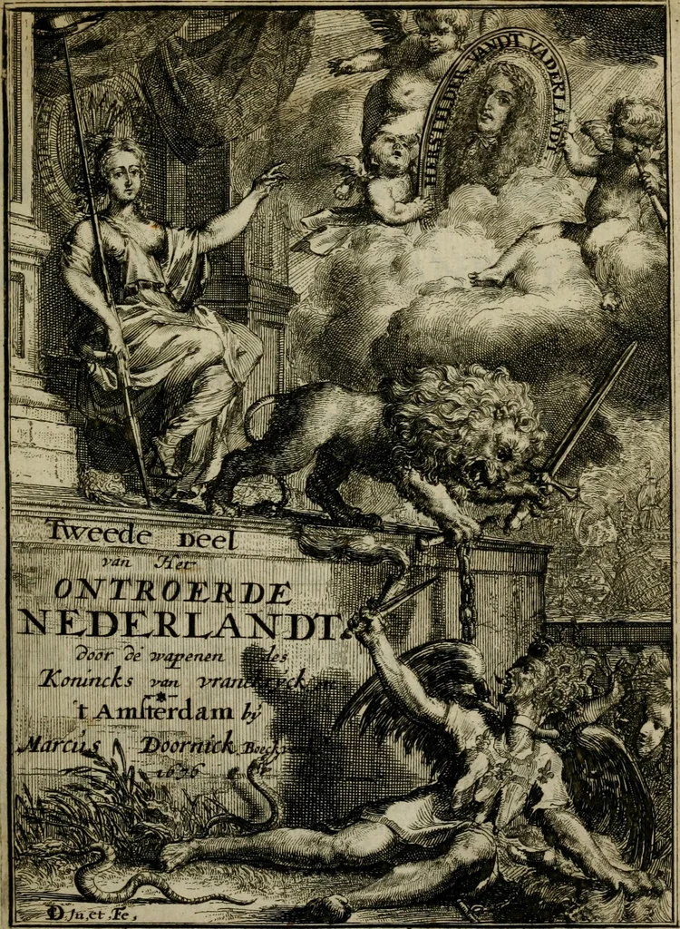 An illustration from Het ontroerde Nederlandt, door de wapenen des konings van Vrankryk : dat is een waarchtigh verhaal van den Fransen, Engelsen, Keulsen, en Munstersen oorlogh, tegen de Vereenigde Nederlanden, met desselfs binnelandtse beroerten ..., 1674, leaf 6