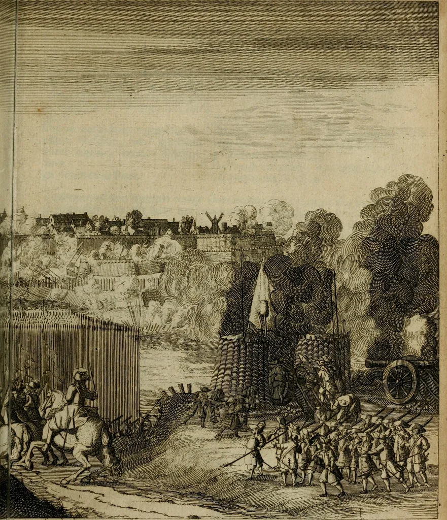An illustration from Het ontroerde Nederlandt, door de wapenen des konings van Vrankryk : dat is een waarchtigh verhaal van den Fransen, Engelsen, Keulsen, en Munstersen oorlogh, tegen de Vereenigde Nederlanden, met desselfs binnelandtse beroerten ..., 1674, leaf 678