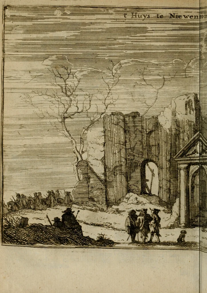 An illustration from Het ontroerde Nederlandt, door de wapenen des konings van Vrankryk : dat is een waarchtigh verhaal van den Fransen, Engelsen, Keulsen, en Munstersen oorlogh, tegen de Vereenigde Nederlanden, met desselfs binnelandtse beroerten ..., 1674, leaf 697