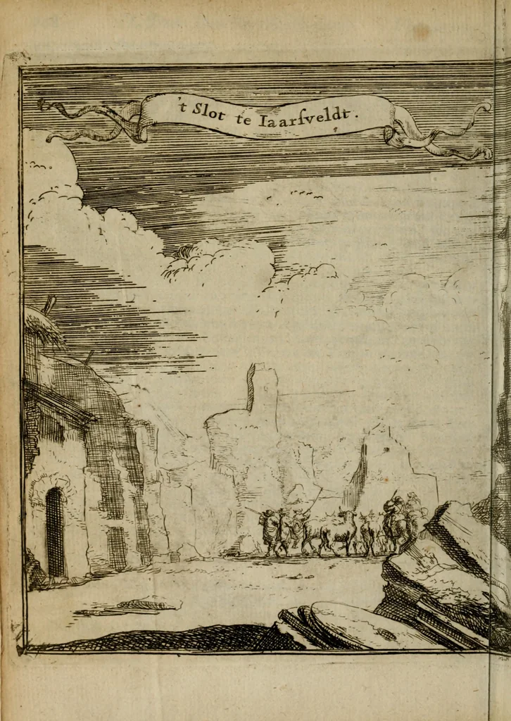 An illustration from Het ontroerde Nederlandt, door de wapenen des konings van Vrankryk : dat is een waarchtigh verhaal van den Fransen, Engelsen, Keulsen, en Munstersen oorlogh, tegen de Vereenigde Nederlanden, met desselfs binnelandtse beroerten ..., 1674, leaf 707