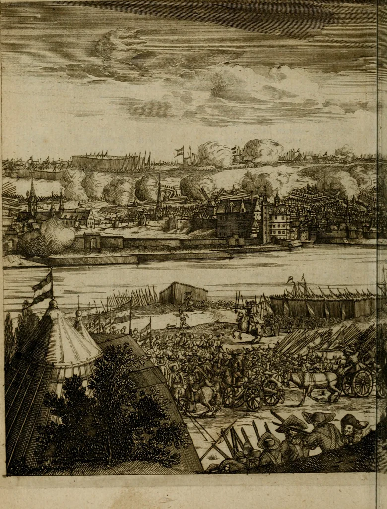 An illustration from Het ontroerde Nederlandt, door de wapenen des konings van Vrankryk : dat is een waarchtigh verhaal van den Fransen, Engelsen, Keulsen, en Munstersen oorlogh, tegen de Vereenigde Nederlanden, met desselfs binnelandtse beroerten ..., 1674, leaf 807