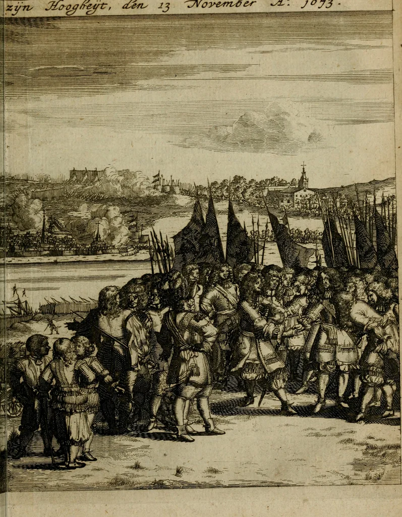 An illustration from Het ontroerde Nederlandt, door de wapenen des konings van Vrankryk : dat is een waarchtigh verhaal van den Fransen, Engelsen, Keulsen, en Munstersen oorlogh, tegen de Vereenigde Nederlanden, met desselfs binnelandtse beroerten ..., 1674, leaf 808