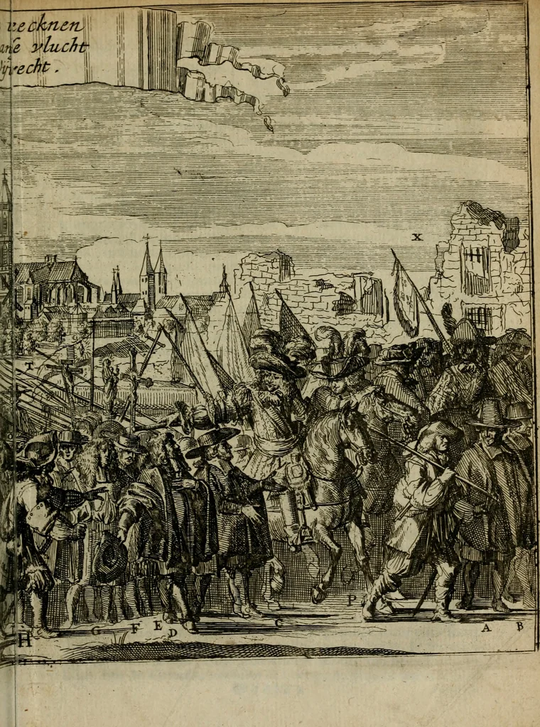 An illustration from Het ontroerde Nederlandt, door de wapenen des konings van Vrankryk : dat is een waarchtigh verhaal van den Fransen, Engelsen, Keulsen, en Munstersen oorlogh, tegen de Vereenigde Nederlanden, met desselfs binnelandtse beroerten ..., 1674, leaf 846