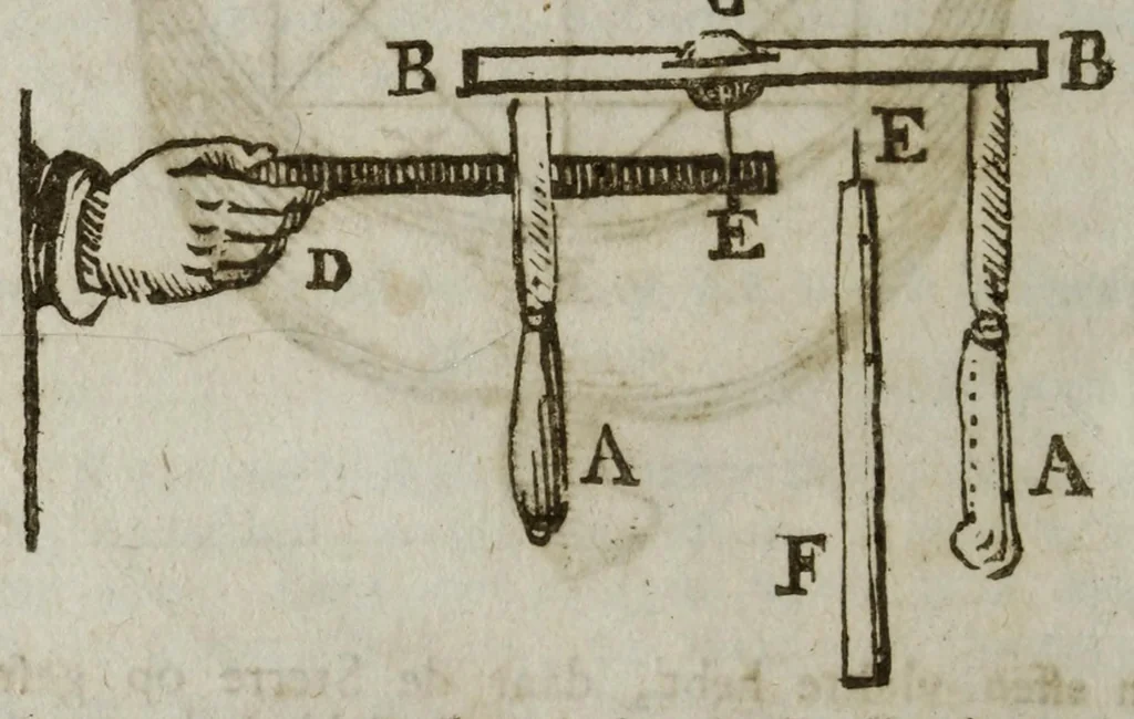 An illustration from Het verbeetert en vermeerdert natuurlyk toverboek, of, 't Nieuw speel-tooneel der konsten : verhandelende omtrent zestien hondert natuurlyke toverkonsten, zoo uit de goochel-tas, als kaart-speelen, mathematische konsten, ook de verligt-teikenkunde en 't afzetten van bloemen, en meer andere diergelyke aardigheden, die tot vermaak en tydkorting strekken, 1739, leaf 88