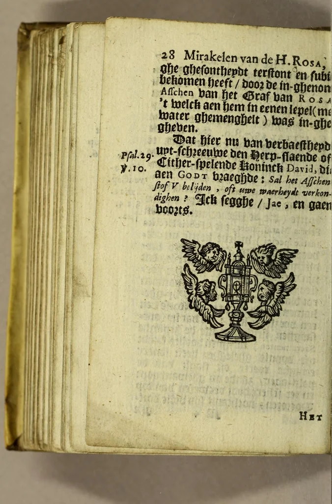An illustration from Het wonder leven, van de H. Rosa de S. Maria, van Lima in Peru, maghet uyt de Derde Order van den H. Dominicus, : ghebeatificeert door Clemens IX. 12. Febr. 1668. Ghecanonizeert door Clemens X. 12. April 1671., 1671, leaf 294
