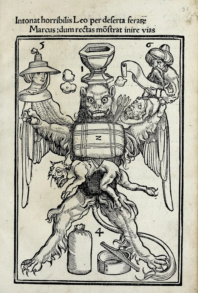 An illustration from Hexastichon Sebastiani Brant in memorabiles euangelistar[um] figuras ..., 1502, leaf 33