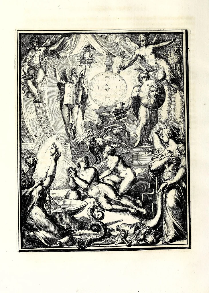 An illustration from Hieroglyphica, oder, Denkbilder der alten Völker : namentlich der Aegyptier, Chaldäer, Phönizier, Jüden, Griechen, Römer, u.s.w. : nebst einem umständlichen Berichte von dem Verfalle und der eingeschlichenen Verderbniss in den Gottesdiensten, durch verschiedene Jahrhunderte und endlich die Glaubensverbesserung, bis auf diese Zeit fortgesetzt, in LXIII Capiteln und so viel Kupfertafeln, 1744, leaf 104