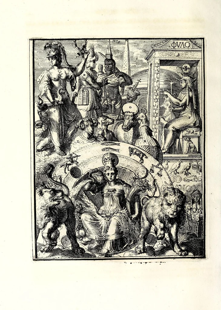 An illustration from Hieroglyphica, oder, Denkbilder der alten Völker : namentlich der Aegyptier, Chaldäer, Phönizier, Jüden, Griechen, Römer, u.s.w. : nebst einem umständlichen Berichte von dem Verfalle und der eingeschlichenen Verderbniss in den Gottesdiensten, durch verschiedene Jahrhunderte und endlich die Glaubensverbesserung, bis auf diese Zeit fortgesetzt, in LXIII Capiteln und so viel Kupfertafeln, 1744, leaf 158