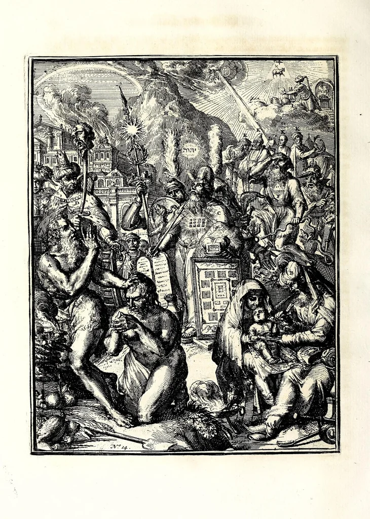 An illustration from Hieroglyphica, oder, Denkbilder der alten Völker : namentlich der Aegyptier, Chaldäer, Phönizier, Jüden, Griechen, Römer, u.s.w. : nebst einem umständlichen Berichte von dem Verfalle und der eingeschlichenen Verderbniss in den Gottesdiensten, durch verschiedene Jahrhunderte und endlich die Glaubensverbesserung, bis auf diese Zeit fortgesetzt, in LXIII Capiteln und so viel Kupfertafeln, 1744, leaf 208