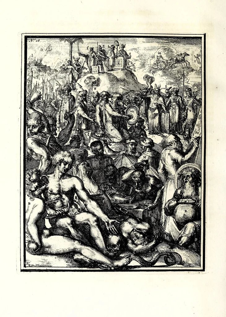 An illustration from Hieroglyphica, oder, Denkbilder der alten Völker : namentlich der Aegyptier, Chaldäer, Phönizier, Jüden, Griechen, Römer, u.s.w. : nebst einem umständlichen Berichte von dem Verfalle und der eingeschlichenen Verderbniss in den Gottesdiensten, durch verschiedene Jahrhunderte und endlich die Glaubensverbesserung, bis auf diese Zeit fortgesetzt, in LXIII Capiteln und so viel Kupfertafeln, 1744, leaf 234