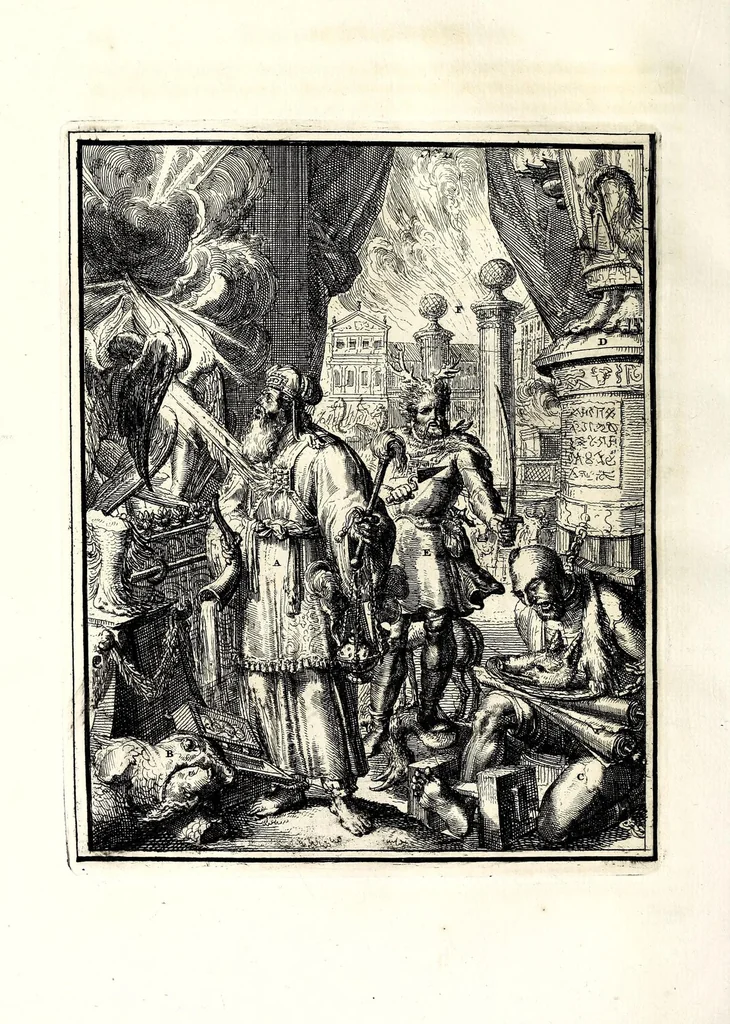 An illustration from Hieroglyphica, oder, Denkbilder der alten Völker : namentlich der Aegyptier, Chaldäer, Phönizier, Jüden, Griechen, Römer, u.s.w. : nebst einem umständlichen Berichte von dem Verfalle und der eingeschlichenen Verderbniss in den Gottesdiensten, durch verschiedene Jahrhunderte und endlich die Glaubensverbesserung, bis auf diese Zeit fortgesetzt, in LXIII Capiteln und so viel Kupfertafeln, 1744, leaf 258