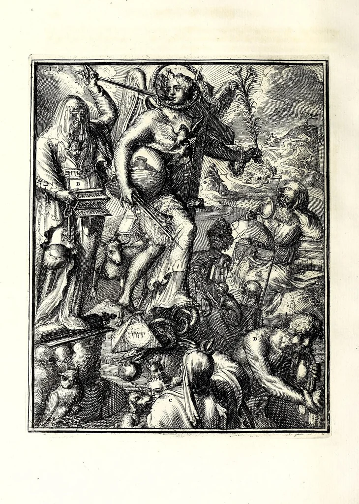 An illustration from Hieroglyphica, oder, Denkbilder der alten Völker : namentlich der Aegyptier, Chaldäer, Phönizier, Jüden, Griechen, Römer, u.s.w. : nebst einem umständlichen Berichte von dem Verfalle und der eingeschlichenen Verderbniss in den Gottesdiensten, durch verschiedene Jahrhunderte und endlich die Glaubensverbesserung, bis auf diese Zeit fortgesetzt, in LXIII Capiteln und so viel Kupfertafeln, 1744, leaf 324