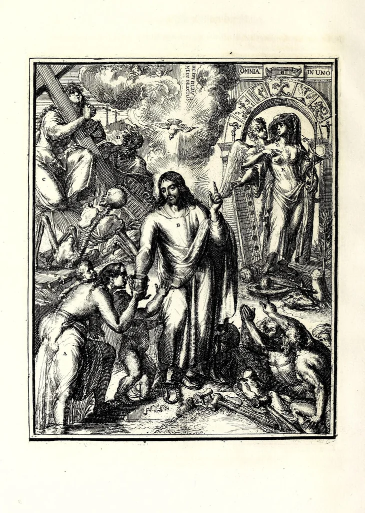 An illustration from Hieroglyphica, oder, Denkbilder der alten Völker : namentlich der Aegyptier, Chaldäer, Phönizier, Jüden, Griechen, Römer, u.s.w. : nebst einem umständlichen Berichte von dem Verfalle und der eingeschlichenen Verderbniss in den Gottesdiensten, durch verschiedene Jahrhunderte und endlich die Glaubensverbesserung, bis auf diese Zeit fortgesetzt, in LXIII Capiteln und so viel Kupfertafeln, 1744, leaf 336