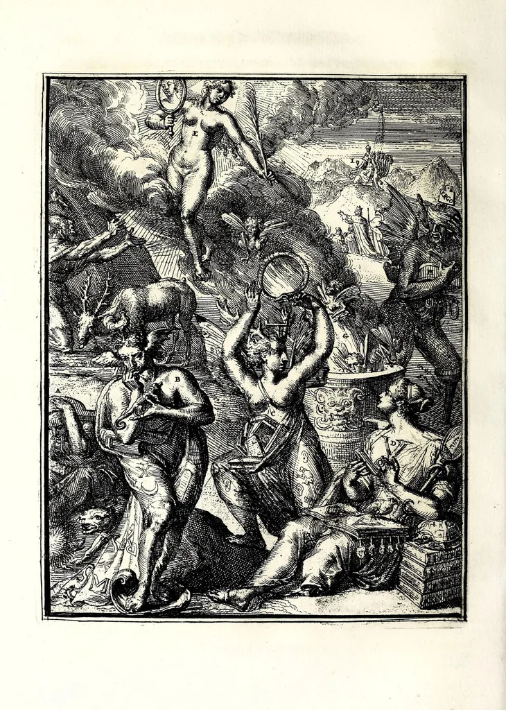 An illustration from Hieroglyphica, oder, Denkbilder der alten Völker : namentlich der Aegyptier, Chaldäer, Phönizier, Jüden, Griechen, Römer, u.s.w. : nebst einem umständlichen Berichte von dem Verfalle und der eingeschlichenen Verderbniss in den Gottesdiensten, durch verschiedene Jahrhunderte und endlich die Glaubensverbesserung, bis auf diese Zeit fortgesetzt, in LXIII Capiteln und so viel Kupfertafeln, 1744, leaf 382
