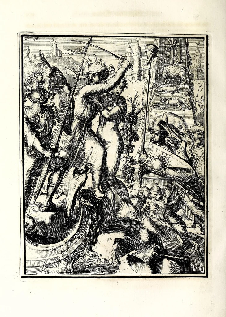 An illustration from Hieroglyphica, oder, Denkbilder der alten Völker : namentlich der Aegyptier, Chaldäer, Phönizier, Jüden, Griechen, Römer, u.s.w. : nebst einem umständlichen Berichte von dem Verfalle und der eingeschlichenen Verderbniss in den Gottesdiensten, durch verschiedene Jahrhunderte und endlich die Glaubensverbesserung, bis auf diese Zeit fortgesetzt, in LXIII Capiteln und so viel Kupfertafeln, 1744, leaf 430