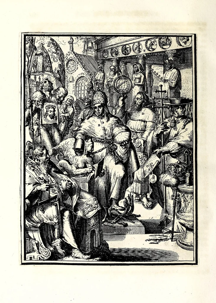An illustration from Hieroglyphica, oder, Denkbilder der alten Völker : namentlich der Aegyptier, Chaldäer, Phönizier, Jüden, Griechen, Römer, u.s.w. : nebst einem umständlichen Berichte von dem Verfalle und der eingeschlichenen Verderbniss in den Gottesdiensten, durch verschiedene Jahrhunderte und endlich die Glaubensverbesserung, bis auf diese Zeit fortgesetzt, in LXIII Capiteln und so viel Kupfertafeln, 1744, leaf 460