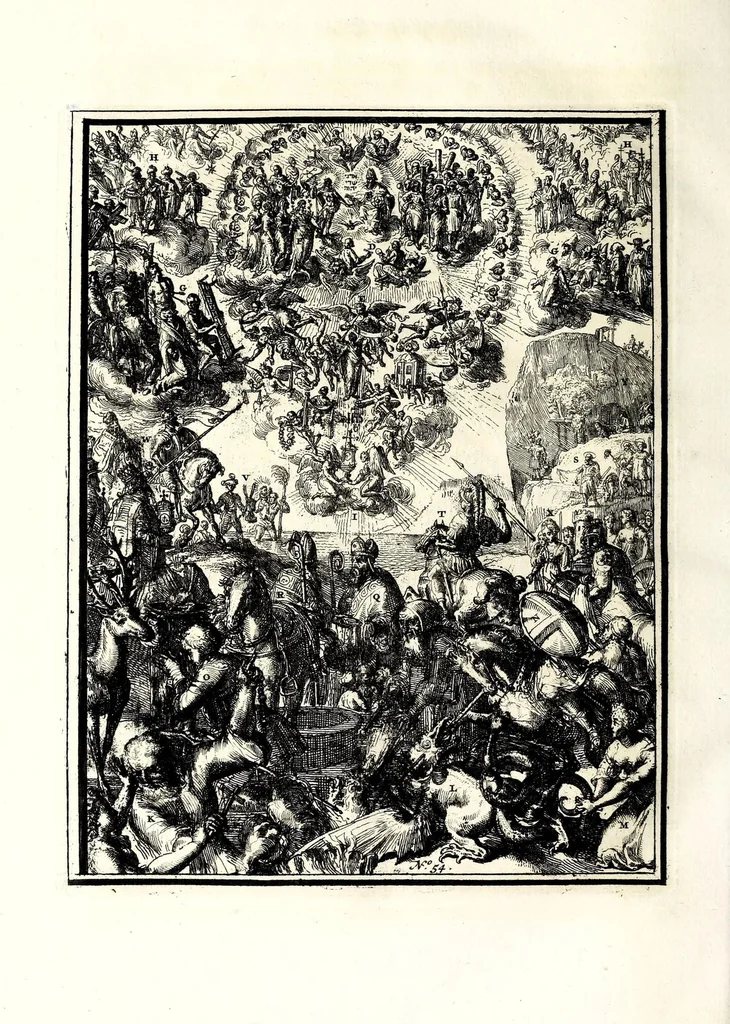 An illustration from Hieroglyphica, oder, Denkbilder der alten Völker : namentlich der Aegyptier, Chaldäer, Phönizier, Jüden, Griechen, Römer, u.s.w. : nebst einem umständlichen Berichte von dem Verfalle und der eingeschlichenen Verderbniss in den Gottesdiensten, durch verschiedene Jahrhunderte und endlich die Glaubensverbesserung, bis auf diese Zeit fortgesetzt, in LXIII Capiteln und so viel Kupfertafeln, 1744, leaf 488
