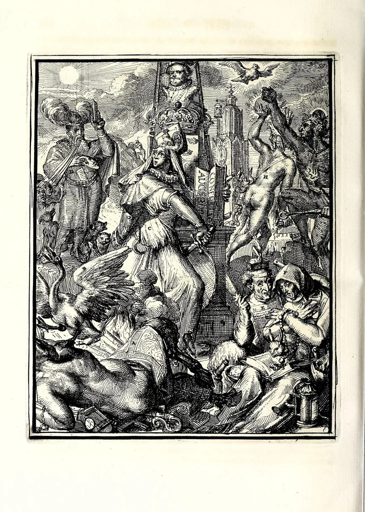 An illustration from Hieroglyphica, oder, Denkbilder der alten Völker : namentlich der Aegyptier, Chaldäer, Phönizier, Jüden, Griechen, Römer, u.s.w. : nebst einem umständlichen Berichte von dem Verfalle und der eingeschlichenen Verderbniss in den Gottesdiensten, durch verschiedene Jahrhunderte und endlich die Glaubensverbesserung, bis auf diese Zeit fortgesetzt, in LXIII Capiteln und so viel Kupfertafeln, 1744, leaf 526